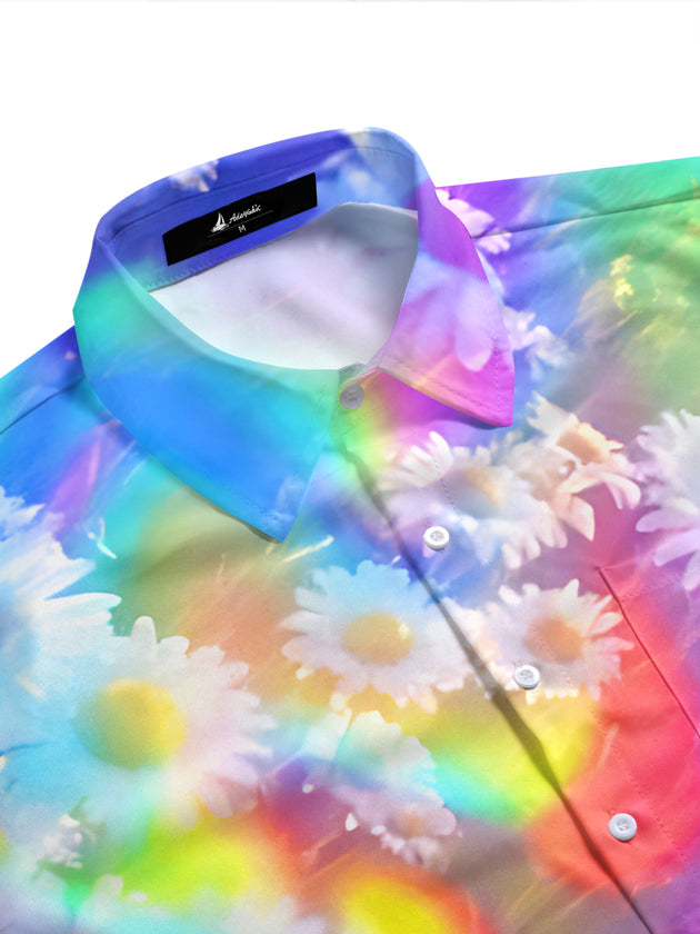 Adaychic Colorful Gradient Daisy Flowers Short Sleeve Shirt with Chest Pocket