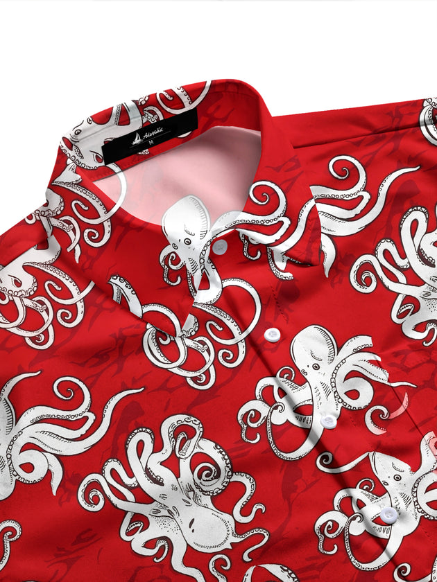 Adaychic Men's Hawaiian Octopus Print Red Background Print Long Sleeve Shirt with Chest Pocket