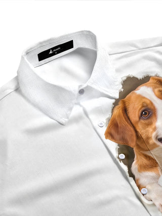 Adaychic Men's Graphic Dog In Pocket Print Short Sleeve Shirt with Chest Pocket