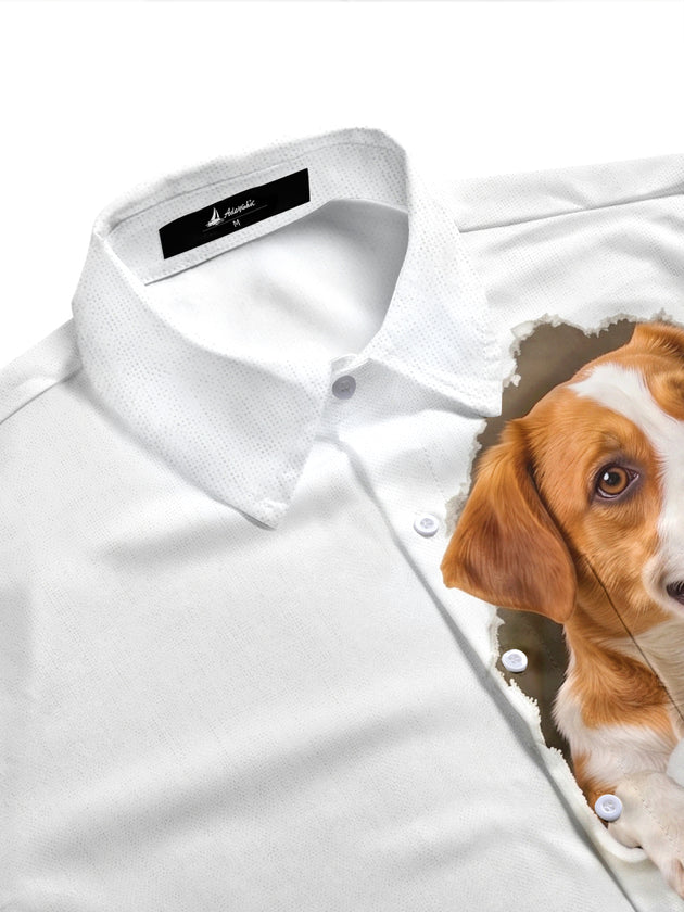 Adaychic Men's Graphic Dog In Pocket Print Short Sleeve Shirt with Chest Pocket