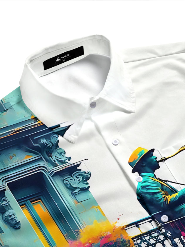 Adaychic Men's Graphic Saxophone Musician Print Short Sleeve Shirt with Chest Pocket