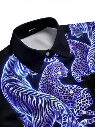 Adaychic Men's Hawaiian Neon Blue Tigers Print Leopard Print Short Sleeve Shirt with Chest Pocket