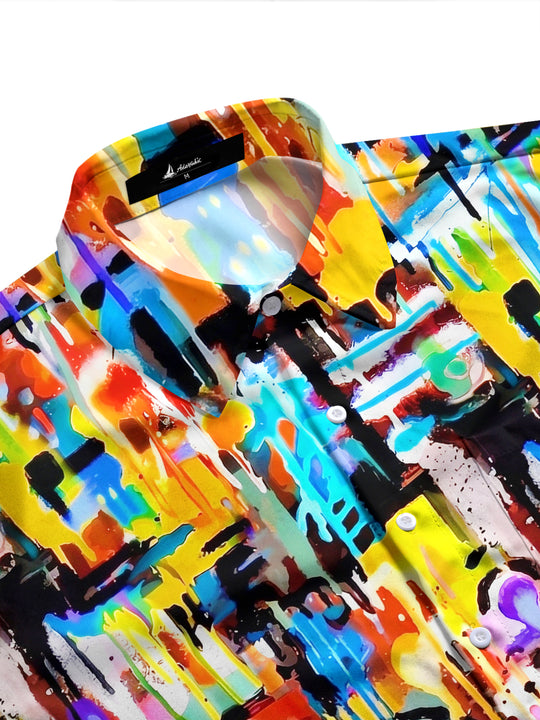 Adaychic Men's Tie Dye Colorful Paint Drip Print Long Sleeve Shirt with Chest Pocket