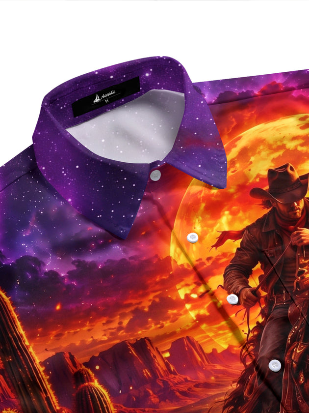 Adaychic Men's Printed Cowboy On Horse Print Short Sleeve Shirt with Chest Pocket