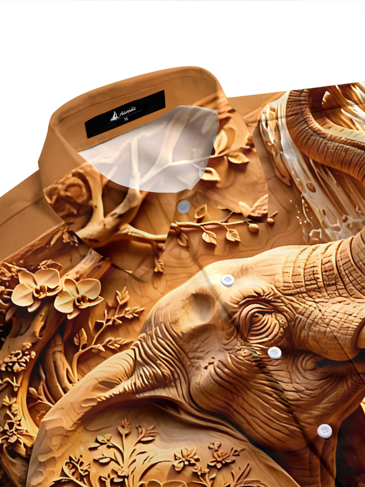 Adaychic Men's Hawaiian Wood Carving Elephant Print Short Sleeve Shirt with Chest Pocket