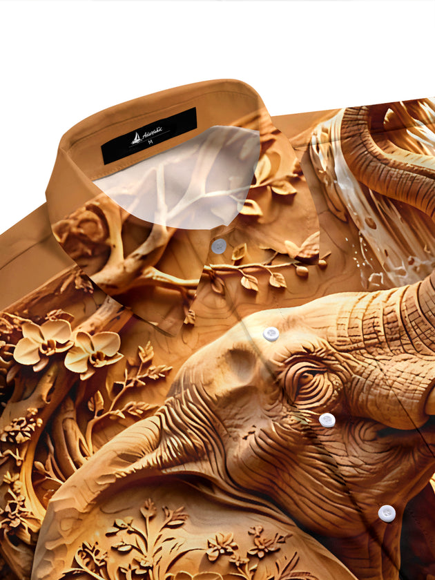 Adaychic Men's Hawaiian Wood Carving Elephant Print Short Sleeve Shirt with Chest Pocket