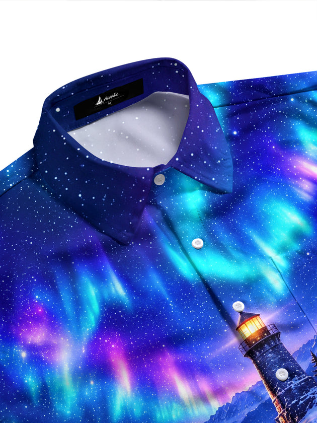 Adaychic Men's Printed Aurora Borealis And Lighthouse Print Long Sleeve Shirt with Chest Pocket