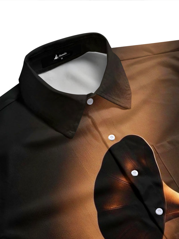 Adaychic Men's Vintage Style Vintage Gramophone Print Short Sleeve Shirt with Chest Pocket
