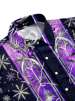Adaychic Men's Long Sleeve Shirt - Gothic Church Window Patterns With Snowflakes And Crosses Print with Chest Pocket