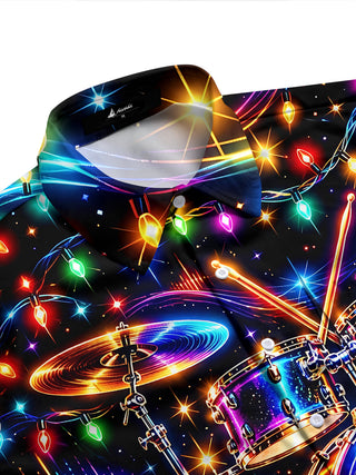 Adaychic Men's Neon Drum Kit And Christmas Lights Print Long Sleeve Shirt with Chest Pocket