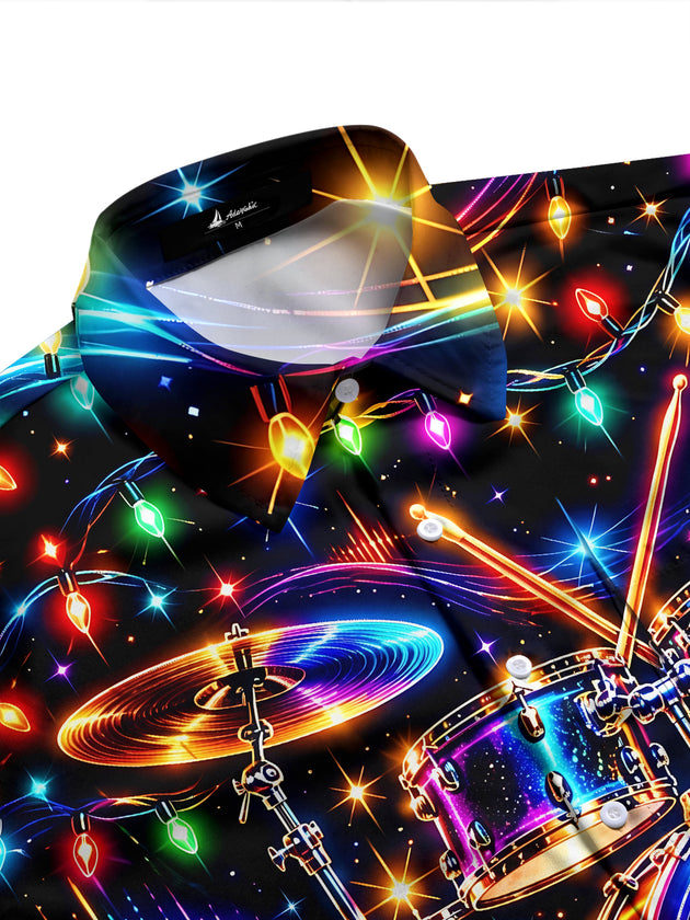 Adaychic Men's Neon Drum Kit And Christmas Lights Print Long Sleeve Shirt with Chest Pocket