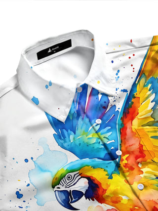 Adaychic Men's Short Sleeve Shirt - Watercolor Macaw Parrot With Splatter Paint Print with Chest Pocket
