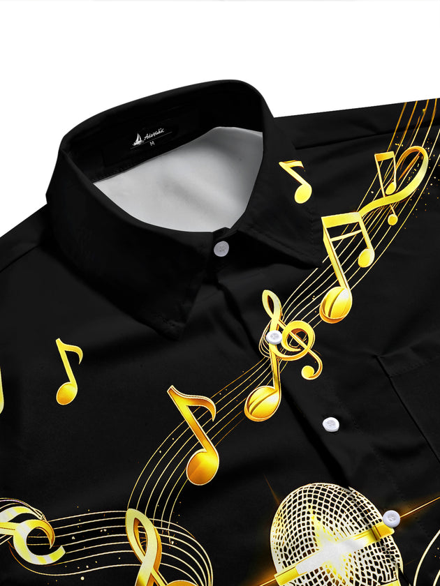 Adaychic Men's Graphic Golden Microphone Print Short Sleeve Shirt with Chest Pocket