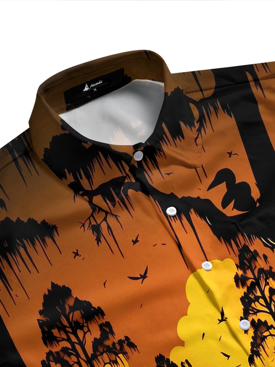 Adaychic Men's Hawaiian Sunset Swamp Landscape Print Short Sleeve Shirt with Chest Pocket