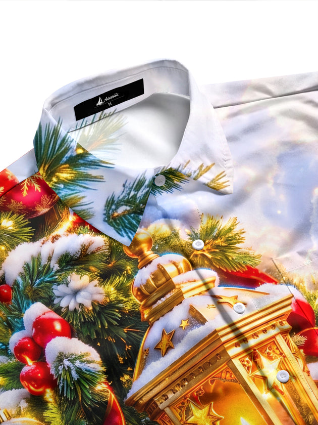 Adaychic Men's Printed Christmas Lantern Print Long Sleeve Shirt with Chest Pocket