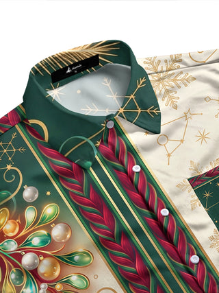 Adaychic Men's Christmas Ornaments And Snowflakes Print Long Sleeve Shirt with Chest Pocket
