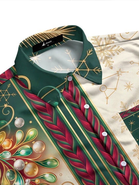 Adaychic Men's Christmas Ornaments And Snowflakes Print Long Sleeve Shirt with Chest Pocket