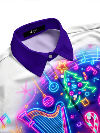 Adaychic Men's Long Sleeve Shirt - Neon Musical Instruments And Christmas Ornaments Print with Chest Pocket