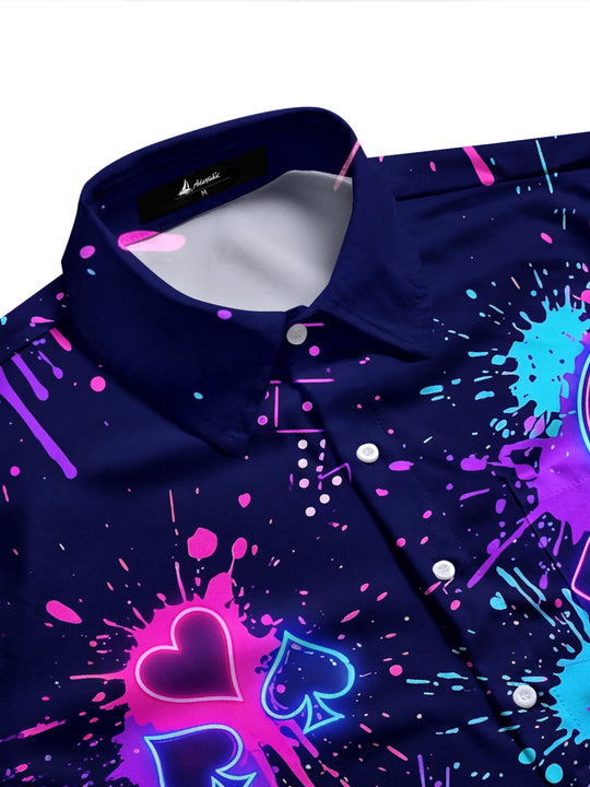 Adaychic Men's Neon Casino Elements With Splash Ink Print Long Sleeve Shirt with Chest Pocket