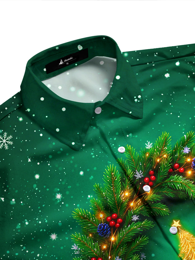 Adaychic Men's Christmas Wreath With Golden Tree Print Long Sleeve Shirt with Chest Pocket