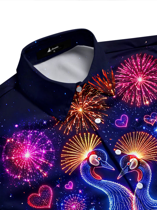 Adaychic Men's Graphic Neon Cranes Print Long Sleeve Shirt with Chest Pocket