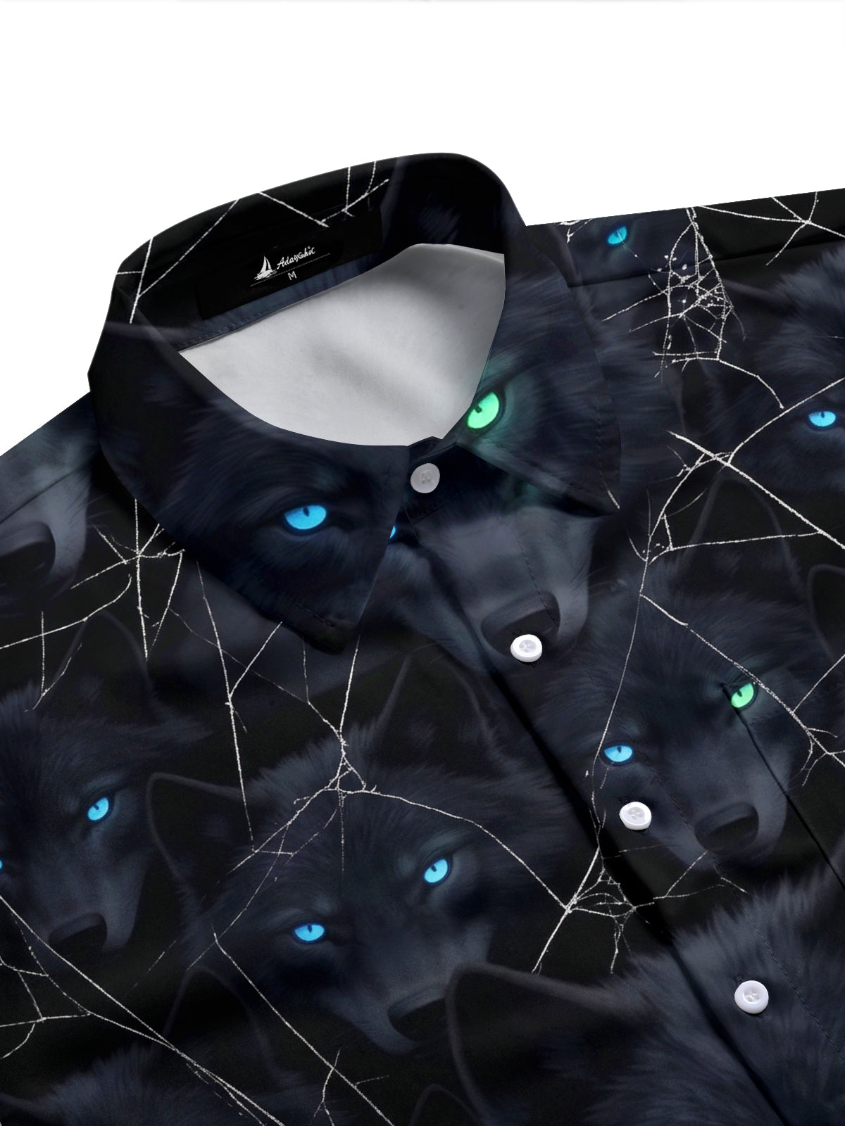 Adaychic Men's Short Sleeve Shirt - Halloween Black Wolf Faces And Spider Webs Print with Chest Pocket