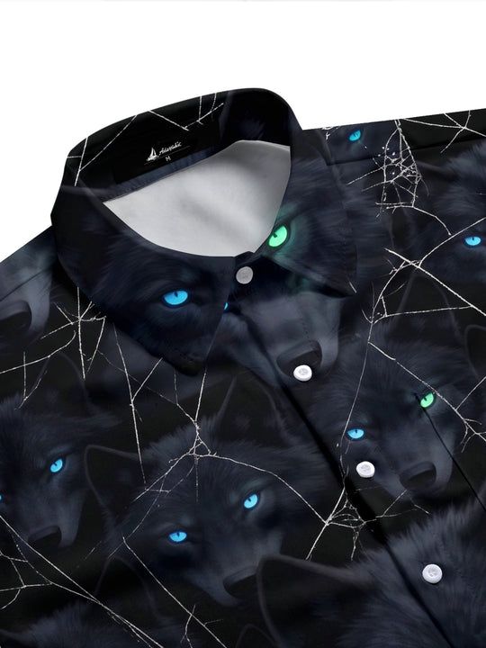 Adaychic Men's Short Sleeve Shirt - Halloween Black Wolf Faces And Spider Webs Print with Chest Pocket