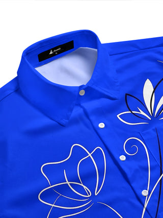 Adaychic Men's Hawaiian White Floral Line Art Print Short Sleeve Shirt with Chest Pocket