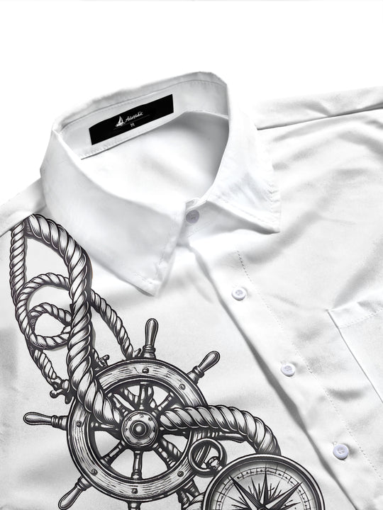 Adaychic Men's Nautical Rope And Compass With Anchor Print Long Sleeve Shirt with Chest Pocket