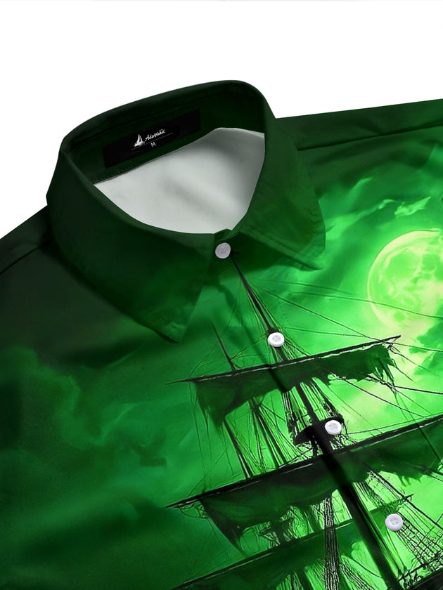 Adaychic Men's Graphic Ghost Ship Print Short Sleeve Shirt with Chest Pocket