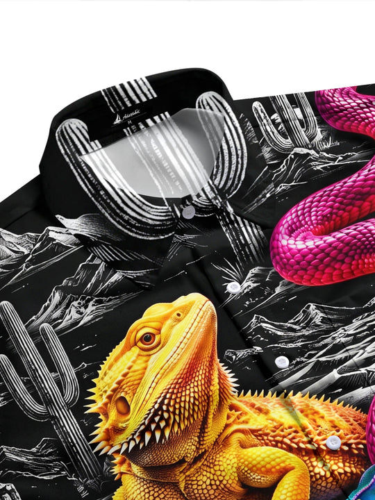 Adaychic Men's Graphic Desert Reptiles Print Short Sleeve Shirt with Chest Pocket
