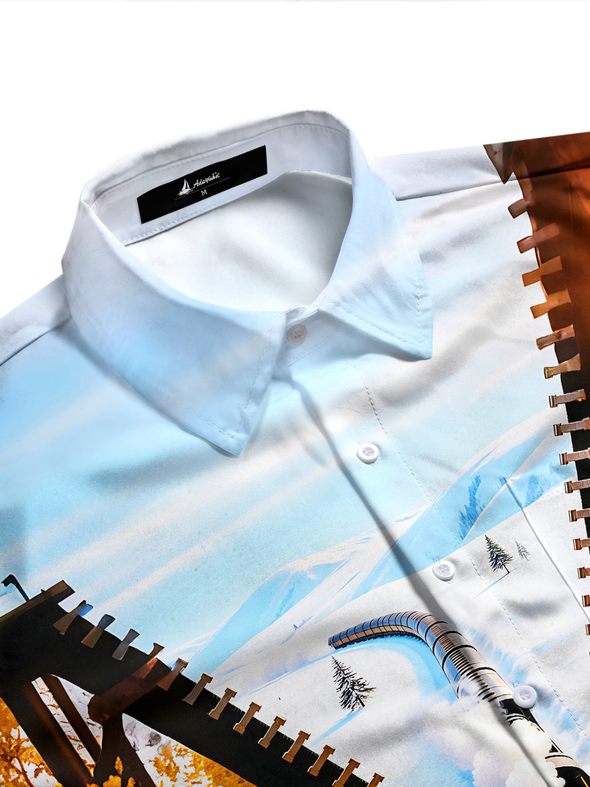 Adaychic Men's Graphic Autumn Forest Train Print Long Sleeve Shirt with Chest Pocket