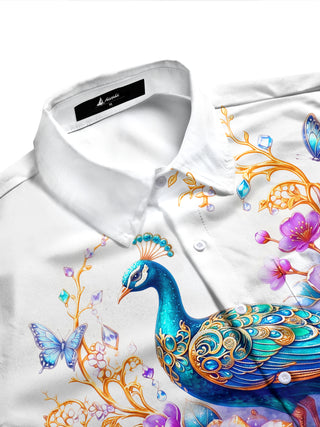 Adaychic Men's Printed Peacock And Floral Pattern Long Sleeve Shirt with Chest Pocket
