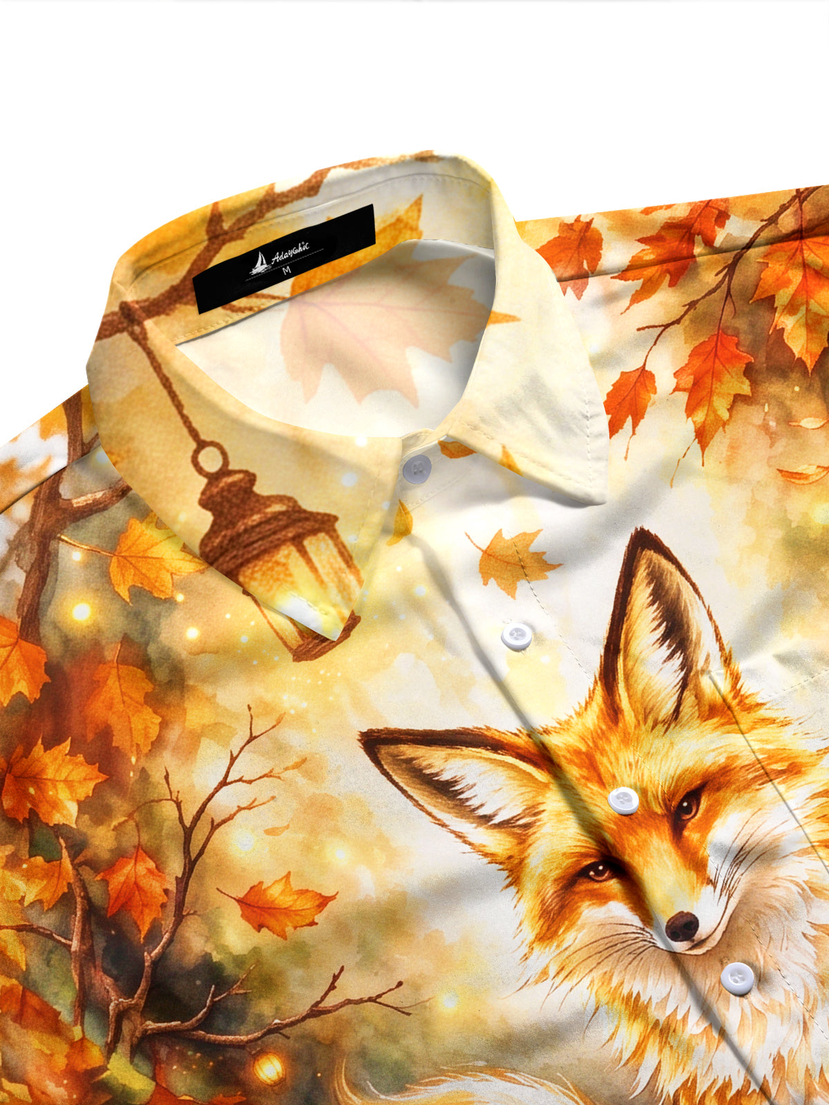Adaychic Men's Autumn Fox With Lanterns And Leaves Print Long Sleeve Shirt with Chest Pocket