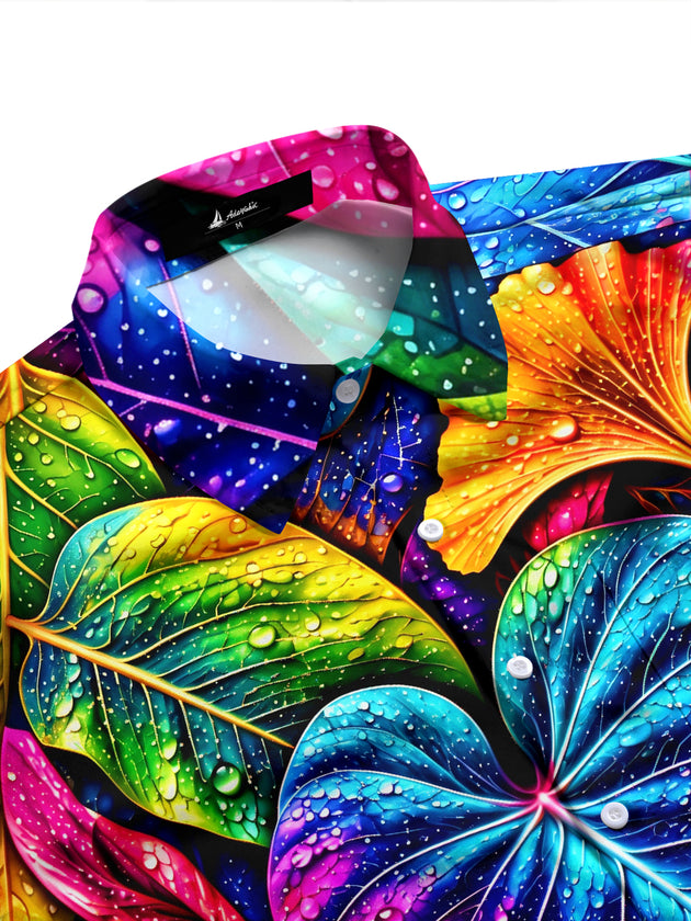 Adaychic Men's Neon Colorful Leaves With Water Droplets Print Long Sleeve Shirt with Chest Pocket