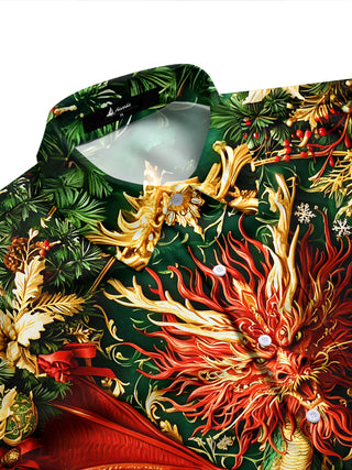 Adaychic Men's Oriental Dragon And Christmas Ornaments Print Long Sleeve Shirt with Chest Pocket