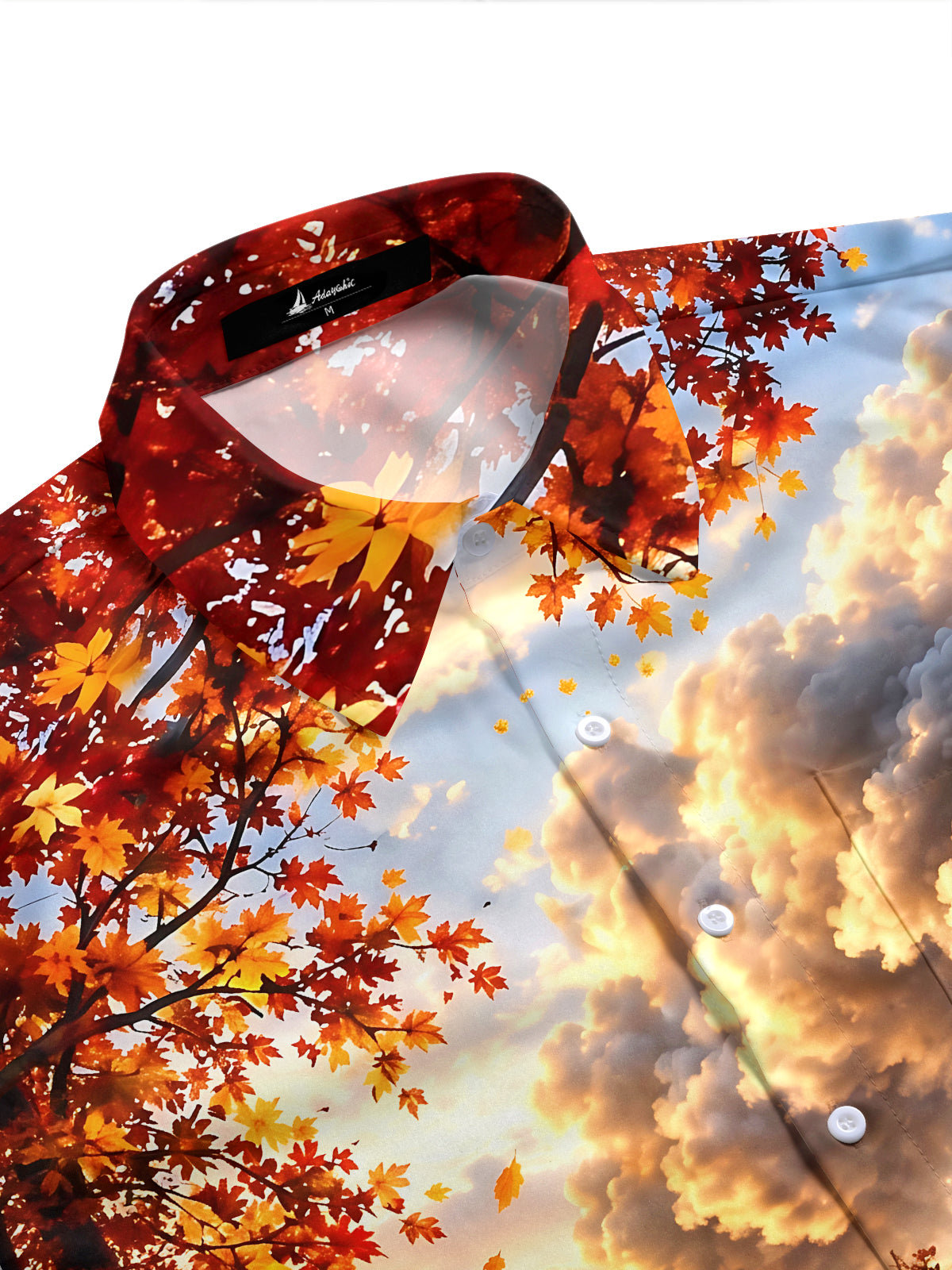 Adaychic Men's Short Sleeve Shirt - Vintage Steam Train And Autumn Maple Leaves Print with Chest Pocket