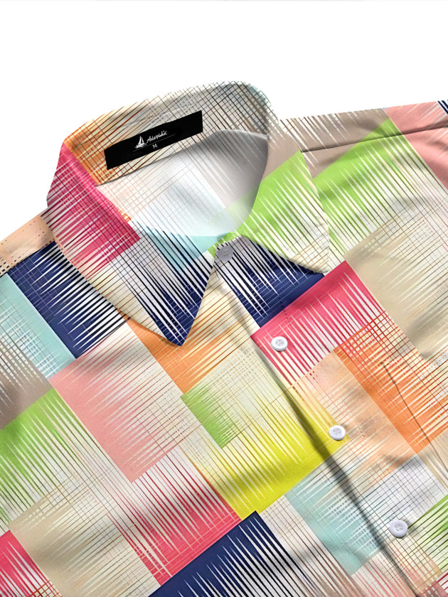 Adaychic Men's Printed Geometric Gradient Blocks Print Long Sleeve Shirt with Chest Pocket