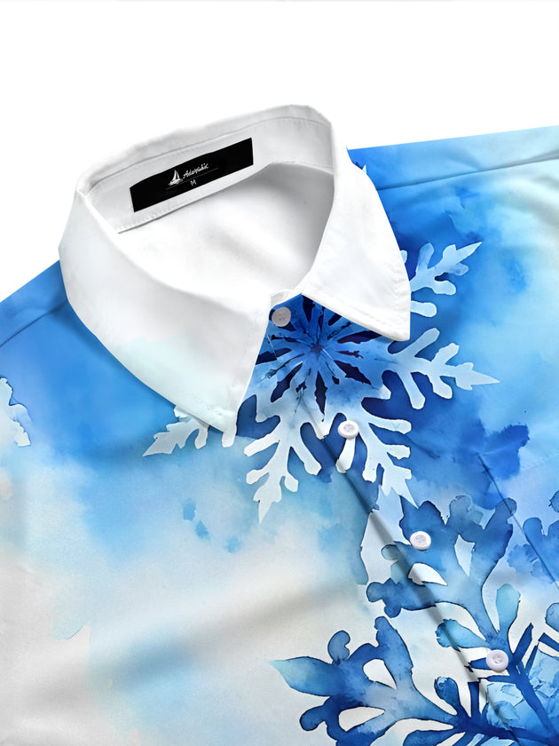 Adaychic Men's Printed Watercolor Snowflake Print Short Sleeve Shirt with Chest Pocket