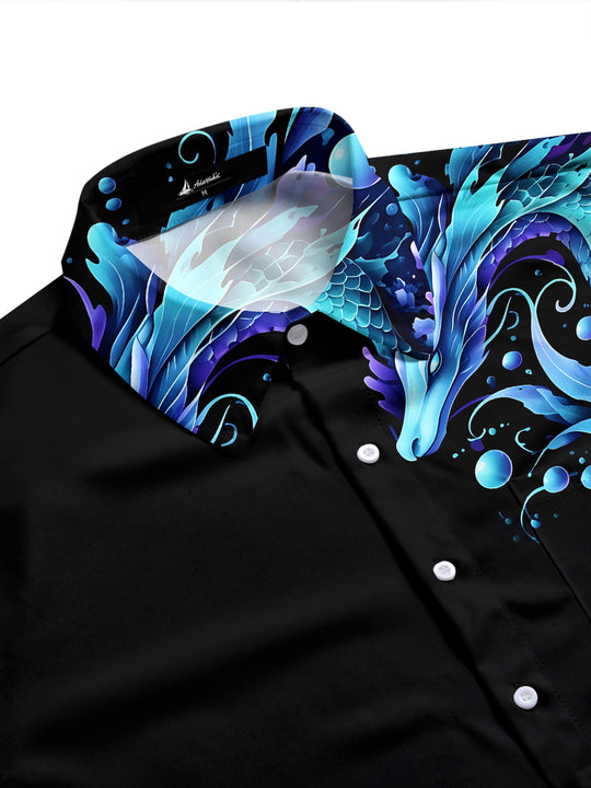 Adaychic Men's Hawaiian Dragon And Ocean Waves Print Long Sleeve Shirt with Chest Pocket