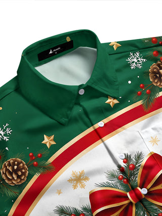 Adaychic Men's Long Sleeve Shirt - Christmas Bow And Ornaments With Pine Branches Print with Chest Pocket