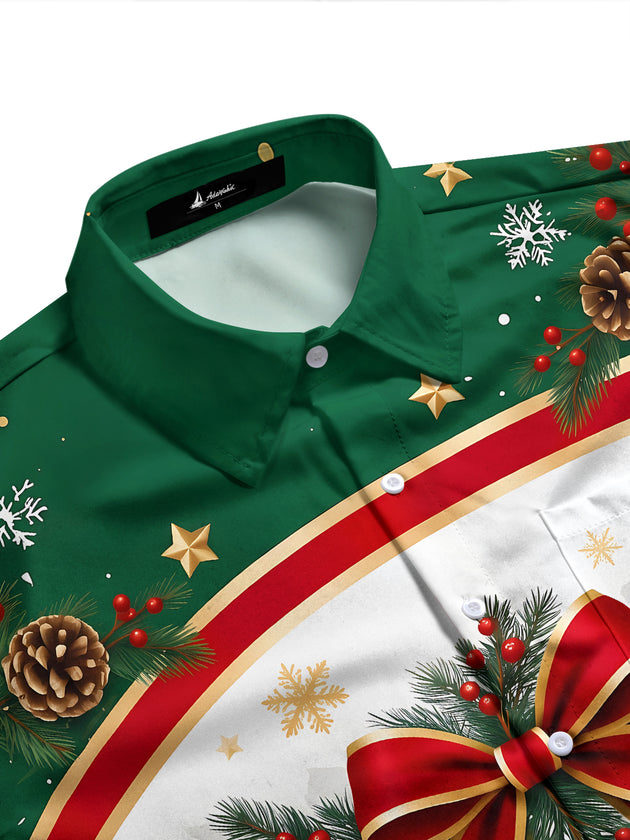 Adaychic Men's Long Sleeve Shirt - Christmas Bow And Ornaments With Pine Branches Print with Chest Pocket