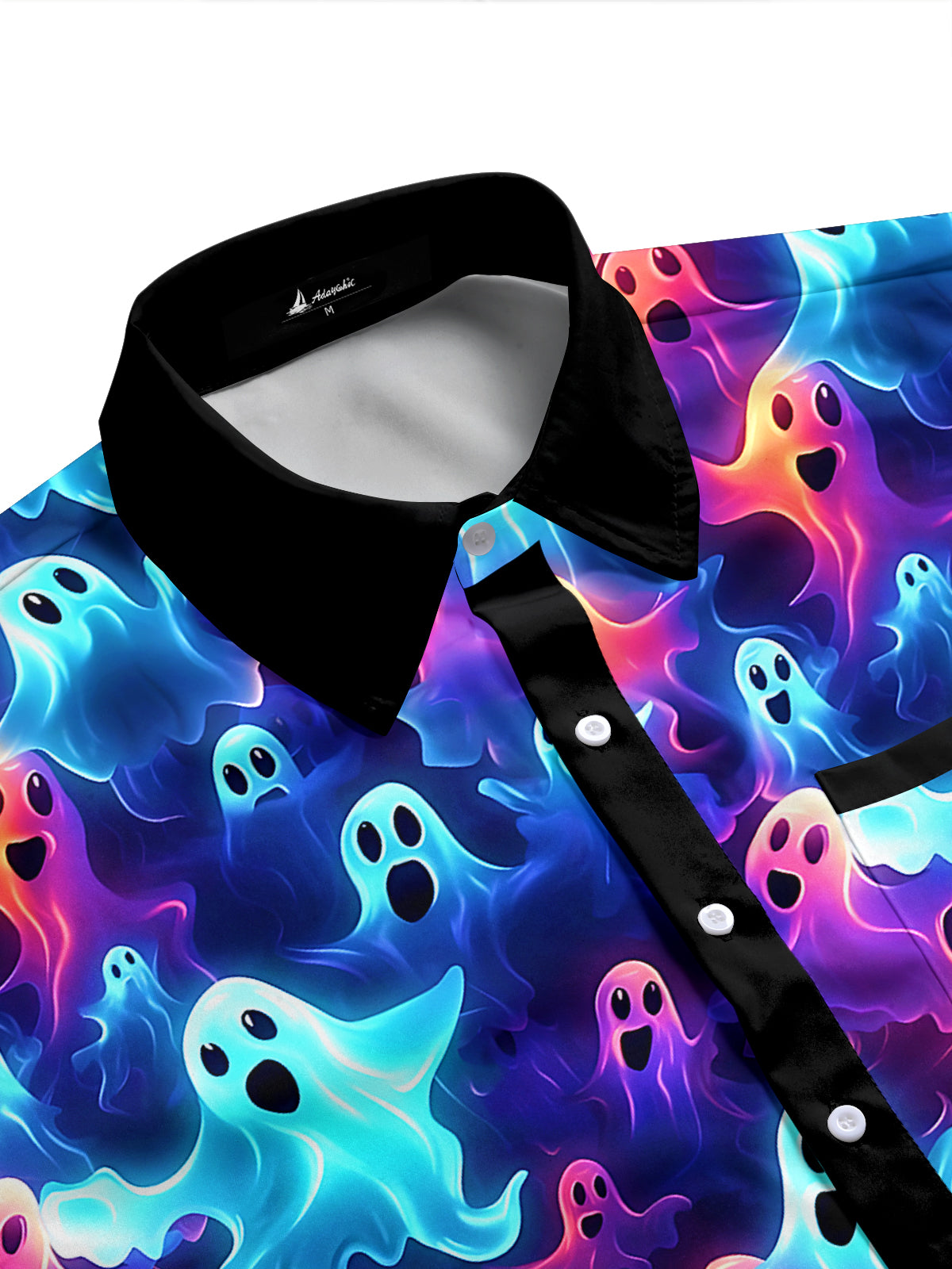 Adaychic Men's Hawaiian Ghost Pattern Neon Ghosts Print Short Sleeve Shirt with Chest Pocket