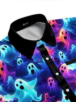 Adaychic Men's Hawaiian Ghost Pattern Neon Ghosts Print Short Sleeve Shirt with Chest Pocket
