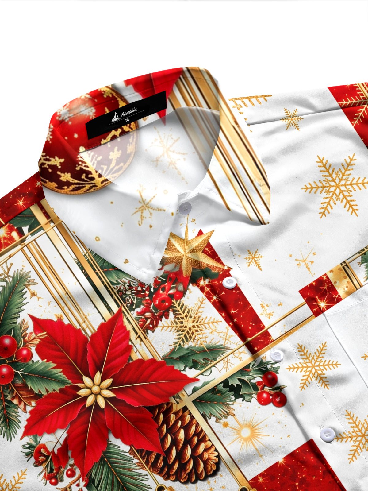 Adaychic Men's Christmas Poinsettia And Ornaments Print Long Sleeve Shirt with Chest Pocket