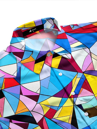 Adaychic Men's Printed Colorful Geometric Shapes Print Long Sleeve Shirt with Chest Pocket