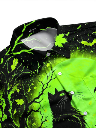 Adaychic Men's Graphic Halloween Black Cat And Pumpkins Print Long Sleeve Shirt with Chest Pocket