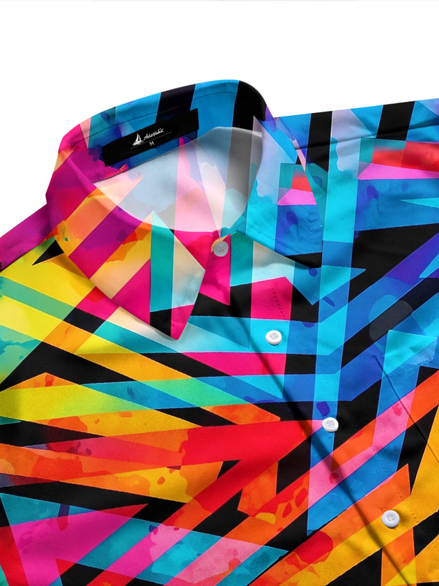 Adaychic Men's Printed Colorful Geometric Pattern Long Sleeve Shirt with Chest Pocket