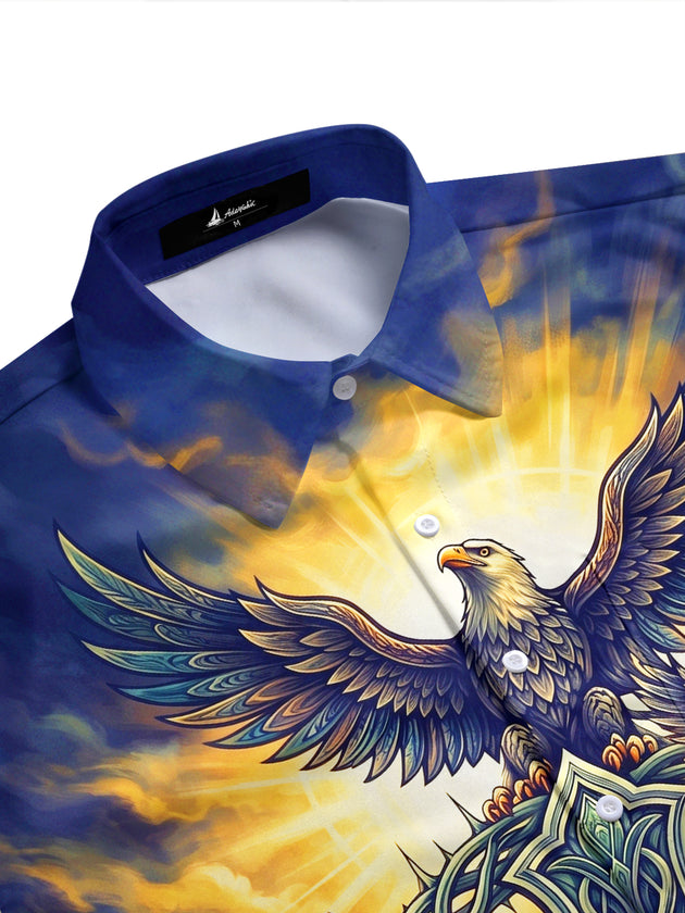 Adaychic Men's Eagles And Thorn Cross With Eyes Print Short Sleeve Shirt with Chest Pocket