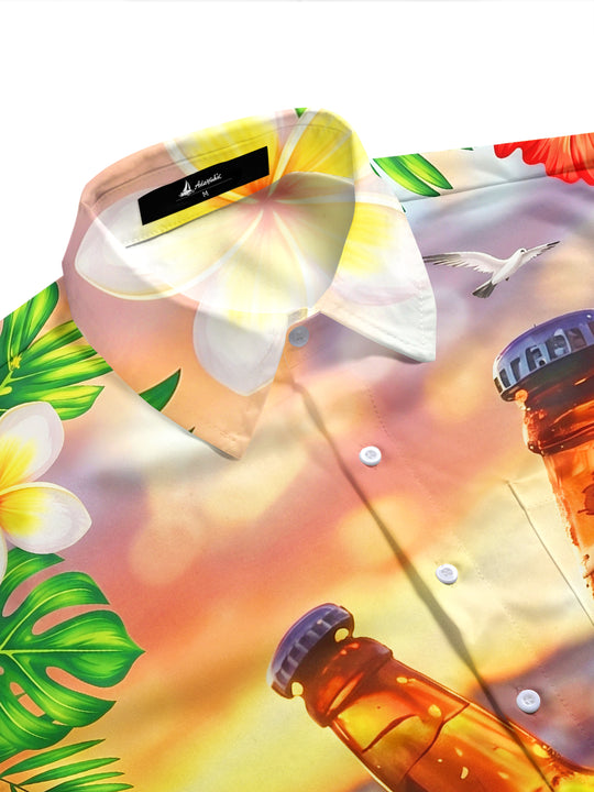Adaychic Men's Hawaiian Tropical Floral Leaves Print Short Sleeve Shirt with Chest Pocket